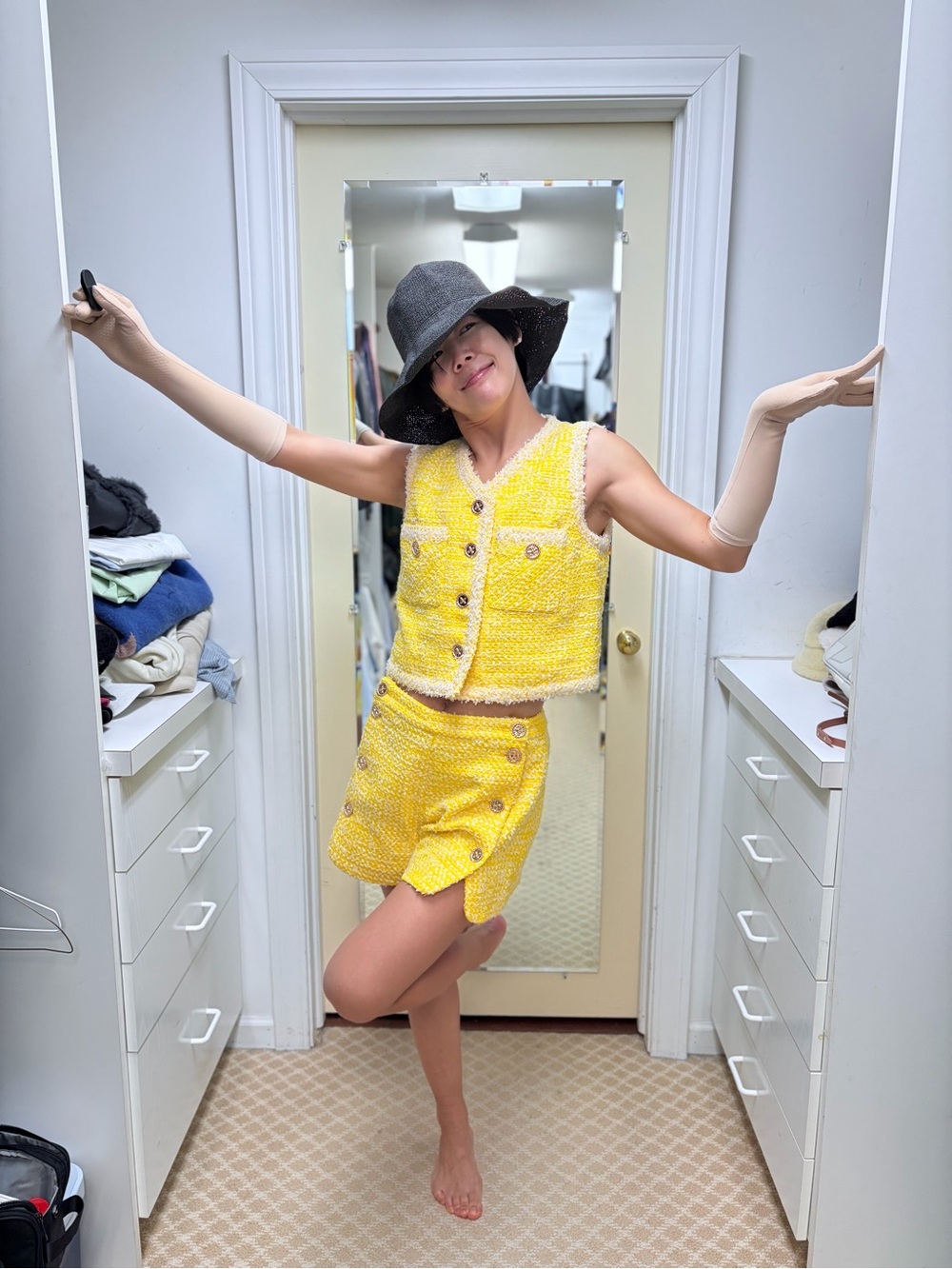 NWOT Edward Achour Yellow Tweed High-Waist Shorts and Vest Set, Size US 6